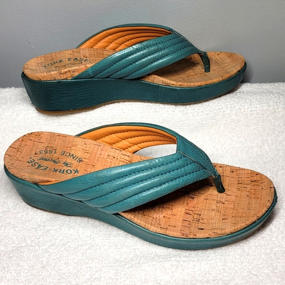 Kork Ease Madison Wedge Flip Flop Sandal Womens Size 8 Teal Leather - Picture 3 of 7